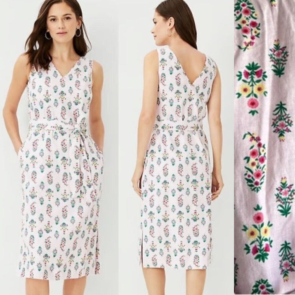 Ann Taylor Pink Floral Print Side Slit Midi Dress 22051